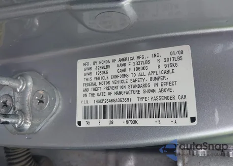 2008 Honda Accord 2.4 Lx-P z USA, uszkodzony, nr VIN 1HGCP26468A063691